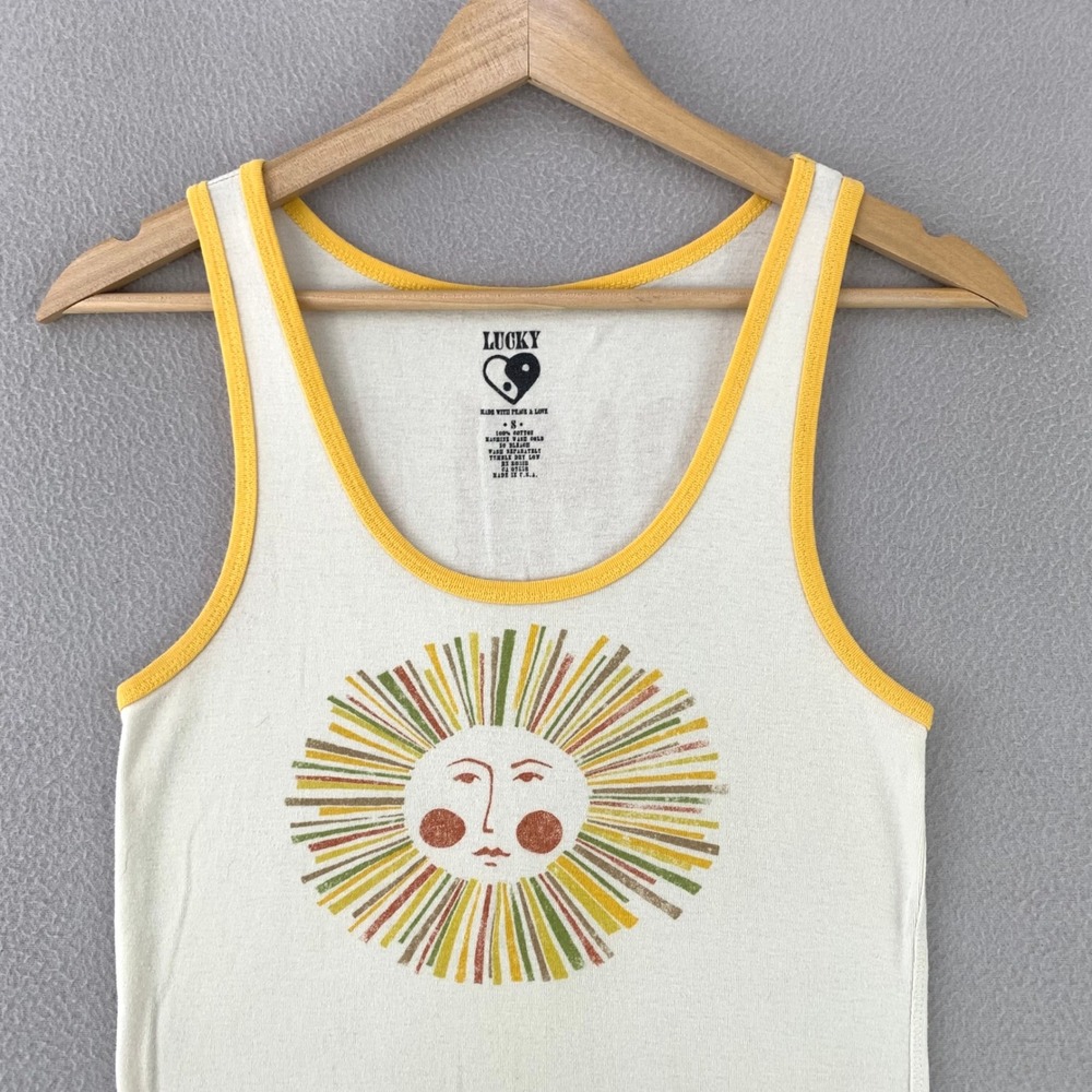 VTG Y2K Lucky Brand Sun Smile Tank Top Women Small Yellow Ringer USA Made